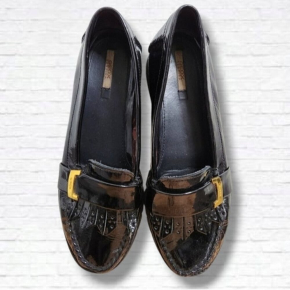Geox Respira Black Patent Tassel Slip On Loafers with Gold Buckle Size 7 US